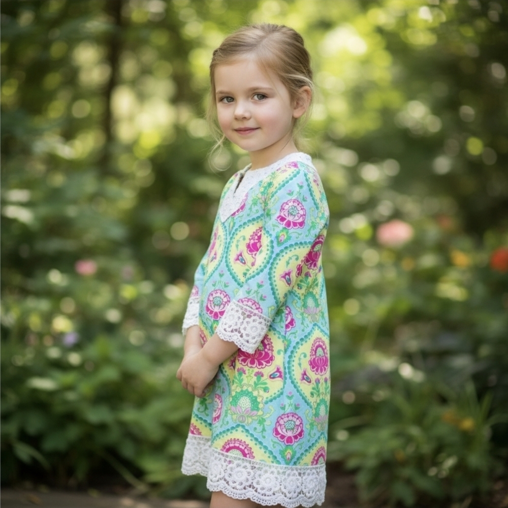 Peaches 'N Cream ✦ Girls Dress 8 ✦ Floral Crochet Lace Trim Boho ¾ Sleeve NWOT
